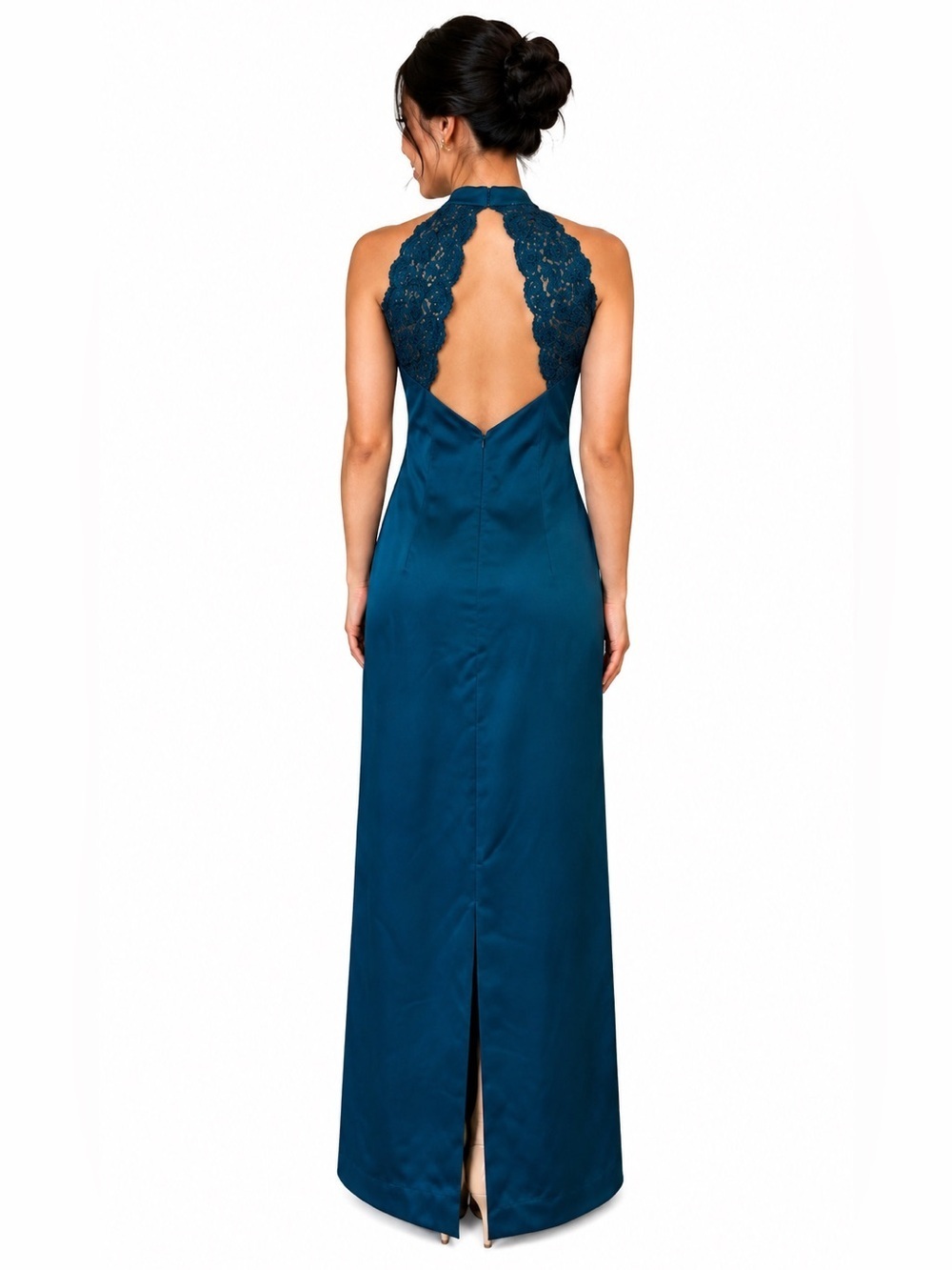 NWT VINTAGE 80’ Union Made Sequins open HALTER SATIN MAXI DRESS TEAL Asian S